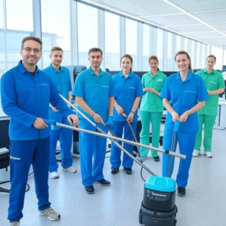 Schoonmaakteam dat een modern kantoor grondig reinigt