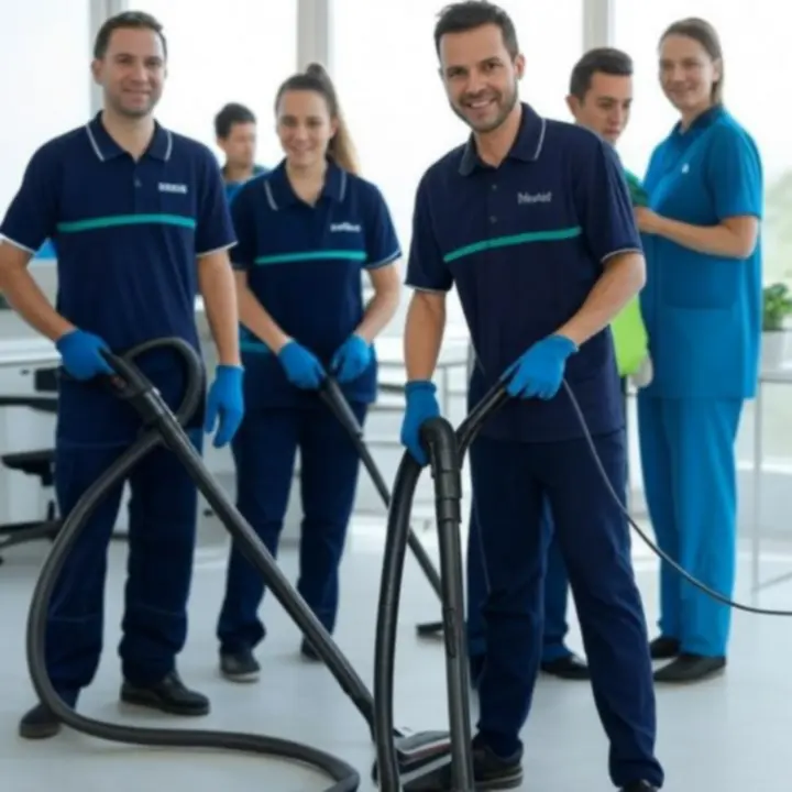 Gediplomeerd schoonmaakteam van Gilde ICT Detachering B.V. in Nederlandse bedrijfskleding aan het werk