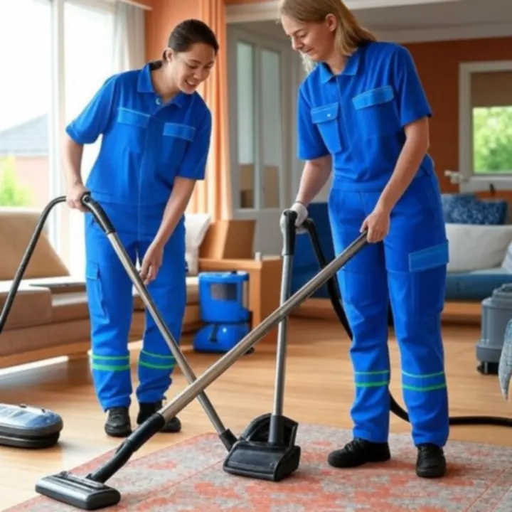 Schoonmaakteam dat zorgvuldig een woonkamer en keuken reinigt
