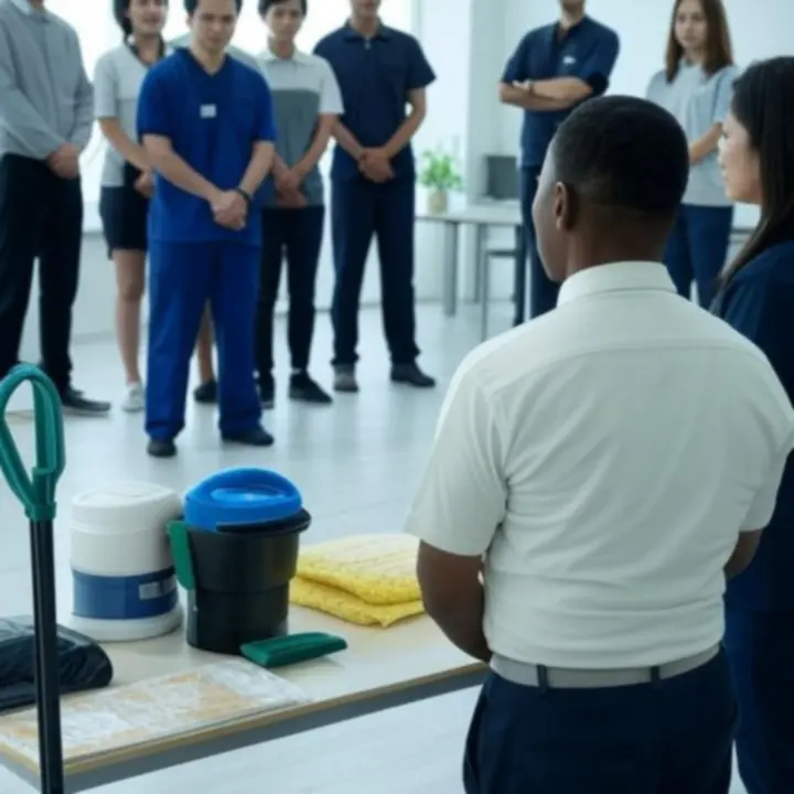 Training van het schoonmaakteam met uitleg over materialen en veiligheid