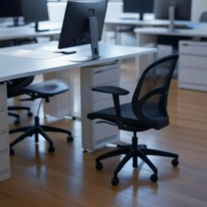 Strakke en schone kantoorwerkplek met glanzende bureaus en vloer