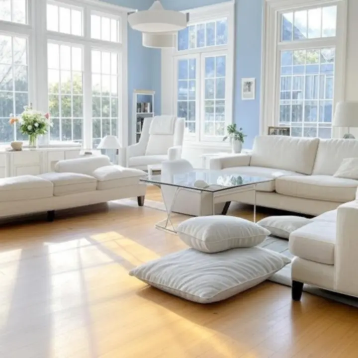 Lichte, moderne woonkamer die professioneel werd schoongemaakt